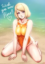 Rule 34 | 1girl, ashley graham, beach, bikini, blonde hair, blue eyes, bob cut, breasts, cleavage, competition swimsuit, english text, finalcake, highres, large breasts, looking at viewer, medium breasts, one-piece swimsuit, orange one-piece swimsuit, resident evil, resident evil 4, short hair, side-tie bikini bottom, sitting, solo, swimsuit, wariza