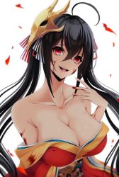 Rule 34 | 1girl, :d, ahoge, azur lane, bare shoulders, black hair, blood, blood on face, blurry, bow, breasts, cleavage, collarbone, depth of field, eyeliner, hair bow, hair ribbon, highres, japanese clothes, large breasts, long hair, looking at viewer, makeup, mask, mask on head, off shoulder, open mouth, red eyes, ribbon, shaded face, shiira (nya rl), simple background, smile, solo, taihou (azur lane), twintails, upper body, white background, yandere