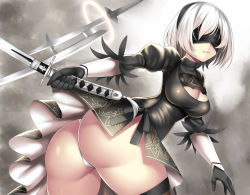 Rule 34 | 1girl, ass, blindfold, hairband, highres, katana, leotard, light smile, looking at viewer, mole, mole under mouth, nano (syoutamho), nier (series), nier:automata, parted lips, short hair, skindentation, solo, sword, thick thighs, thighs, twisted torso, weapon, white hair, white leotard, 2b (nier:automata)