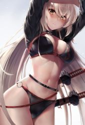 Rule 34 | 1girl, ahoge, arms up, bikini, black bikini, black gloves, black jacket, blush, breasts, choker, cleavage, cowboy shot, expressionless, fate/grand order, fate (series), gloves, gradient background, hair between eyes, highres, jacket, jeanne d&#039;arc alter (swimsuit berserker) (fate), jeanne d&#039;arc (fate), jeanne d&#039;arc alter (fate), jeanne d&#039;arc alter (swimsuit berserker) (fate), katana, large breasts, long hair, looking at viewer, motokonut, multiple swords, o-ring, o-ring bikini, sheath, sheathed, shrug (clothing), silver hair, solo, swimsuit, sword, very long hair, weapon, yellow eyes