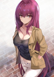 Rule 34 | 1girl, absurdres, black shirt, blush, breasts, brown jacket, buttons, cleavage, collarbone, contemporary, fate/grand order, fate (series), hands in pockets, highres, jacket, kesoshirou, large breasts, long hair, long sleeves, looking at viewer, open clothes, open jacket, pants, purple hair, red eyes, scathach (fate), shirt, white pants