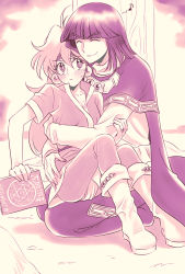 Rule 34 | 1boy, 1girl, blunt bangs, blush, boots, breasts, brown hair, cleavage, closed eyes, closed mouth, collarbone, couple, earrings, highres, holding, hug, jewelry, kneeling, limited palette, lina inverse, long hair, magic circle, medium hair, purple hair, red eyes, satoashu, short sleeves, sitting, sitting on lap, sitting on person, slayers, small breasts, smile, sweatdrop, very long hair, white footwear, xelloss
