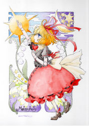 Rule 34 | 1girl, absurdres, blonde hair, blue eyes, bubble skirt, character name, doll joints, dress, female focus, flower, graphite (medium), h sakray, highres, joints, lily of the valley, medicine melancholy, moon, painting (medium), reaching, sakurai haruto, skirt, solo, star (symbol), sun, touhou, traditional media, watercolor (medium)