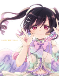 Rule 34 | 1girl, artist name, artist request, barefoot, black hair, blue wings, blush, bow, double v, drill hair, female focus, flower, hair between eyes, hair flower, hair ornament, hair ribbon, twirling hair, highres, long hair, looking at viewer, love live!, love live! school idol festival, love live! school idol project, nico nico nii, pink ribbon, purple flower, red bow, red eyes, ribbon, skirt, smile, solo, thigh strap, twin drill, twin drills, twintails, v, white background, white ribbon, white skirt, wings, yazawa nico