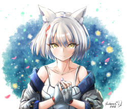 Rule 34 | 1girl, animal ears, camisole, cat ears, cat girl, chest jewel, fingerless gloves, gloves, highres, jacket, mio (xenoblade), short hair, shoulder strap, sofusan1526, solo, tank top, white camisole, white jacket, xenoblade chronicles (series), xenoblade chronicles 3, yellow eyes