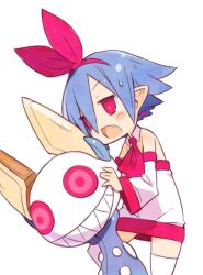 Rule 34 | 1girl, bare shoulders, blue hair, blush, commentary request, detached sleeves, disgaea, fang, flat chest, hairband, harada takehito, open mouth, original, pleinair, pointy ears, rabbit, red eyes, short hair, simple background, solo, thighhighs, usagi-san, white background