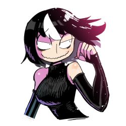 Rule 34 | 1girl, alternate hair length, alternate hairstyle, black dress, black gloves, black hair, breasts, closed mouth, cropped arms, cropped torso, dress, fingerless gloves, floating hair, gloves, hand up, highres, large breasts, multicolored hair, noss (rariatto), original, rariatto (ganguri), sanpaku, simple background, sleeveless, sleeveless dress, smile, solo, streaked hair, wavy mouth, white background