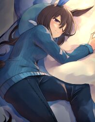 Rule 34 | 1girl, :&lt;, admire vega (umamusume), alternate costume, animal ears, bed, blue sweater, blush, breasts, brown hair, casual, commentary request, denim, ear covers, hair ornament, highres, horse ears, horse girl, horse tail, jeans, long hair, long sleeves, looking at viewer, medium breasts, hugging object, one eye closed, pants, pillow, ponytail, purple eyes, rain yadori, single ear cover, solo, sweater, tail, umamusume