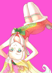 Rule 34 | 1girl, arms behind head, arms up, blonde hair, boots, christmas, closed mouth, commentary, double horizontal stripe, dress, earrings, fur-trimmed dress, fur trim, green eyes, hair ornament, holly, holly hair ornament, jewelry, jj (ssspulse), kirahoshi ciel, kirakira precure a la mode, long hair, looking at viewer, looking back, lying, minamino kanade, on back, precure, purple background, red footwear, sailor collar, santa boots, santa dress, short dress, simple background, sleeveless, sleeveless dress, smile, solo, thighhighs, upside-down, white sailor collar, white thighhighs