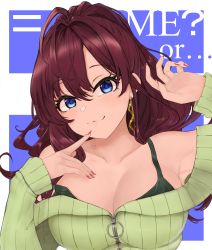 Rule 34 | 1girl, :3, absurdres, ahoge, bad id, bad pixiv id, blue eyes, blush, breasts, brown hair, cleavage, closed mouth, collarbone, commentary request, earrings, green sweater, green tank top, hair between eyes, highres, ichinose shiki, idolmaster, idolmaster cinderella girls, jewelry, lamp p9, large breasts, lips, long hair, long sleeves, looking at viewer, nail polish, off-shoulder sweater, off shoulder, red nails, ribbed sweater, smile, solo, strap slip, sweater, tank top, wavy hair, zipper