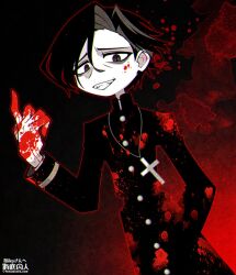 Rule 34 | 1boy, artist name, bags under eyes, black background, black shirt, blood, blood on clothes, blood on face, blood on hands, blood splatter, buttons, colored skin, commission, commissioner name, cross, cross necklace, dilated pupils, funamusea (artist), grey eyes, highres, jewelry, long sleeves, necklace, original, sharp teeth, shirt, short hair, skeb commission, slit pupils, solo, teeth, vampire, white skin