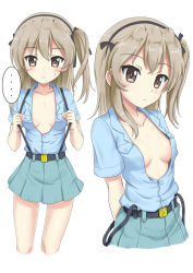 Rule 34 | ..., 1girl, alternate costume, arms behind back, black bow, black hairband, blue shirt, blush, bow, breasts, brown eyes, brown hair, closed mouth, collarbone, collared shirt, commentary request, cropped legs, dress shirt, flipper, girls und panzer, green skirt, hair between eyes, hair bow, hairband, long hair, multiple views, no bra, one side up, open clothes, open shirt, pleated skirt, shimada arisu, shirt, short sleeves, simple background, skirt, small breasts, spoken ellipsis, sweat, white background