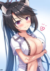 Rule 34 | 1girl, :3, ahoge, animal ear fluff, animal ears, areola slip, arms under breasts, black hair, blue background, blush, breast hold, breasts, cleavage, closed mouth, collarbone, commentary request, crossed arms, eyelashes, eyes visible through hair, hair ribbon, head tilt, heart, highres, hoshikawa kaguya, large breasts, long hair, looking at viewer, navel, no bra, open clothes, open shirt, ponytail, purple ribbon, red eyes, ribbon, rio (lio yuzu), school uniform, shirt, short sleeves, signature, simple background, smile, smug, solo, straight hair, swept bangs, tenshi souzou re-boot!, upper body, very long hair, white shirt