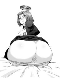 Rule 34 | 10s, 1girl, anal hair, anus, anus only, ass, bed sheet, from behind, from below, greyscale, halo, highres, huge ass, kantai collection, looking at viewer, looking back, mechanical halo, mole, mole under eye, monochrome, on bed, panties, panty pull, pov, pubic hair, shiri ana hiroge tarou, short hair, simple background, sitting, slit pupils, solo, tatsuta (kancolle), uncensored, underwear