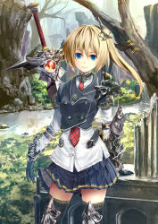 Rule 34 | 1girl, arm support, armor, armored boots, black ribbon, black thighhighs, blonde hair, blue eyes, blue skirt, boots, cowboy shot, fantasy, gloves, hair between eyes, hair ornament, hair ribbon, highres, kouji (astral reverie), long hair, looking at viewer, necktie, one side up, original, pleated skirt, ribbon, skirt, solo, sword, thighhighs, tree, weapon, zettai ryouiki