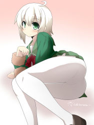 Rule 34 | 10s, 1girl, ass, blonde hair, commentary request, emoticon, fur trim, goma (gomasamune), gradient background, green eyes, hair between eyes, highres, kantai collection, long sleeves, looking at viewer, lying, on side, pantyhose, school uniform, serafuku, shimushu (kancolle), shoes, short hair, skirt, smile, solo, thighs, translated