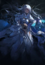 Rule 34 | 1girl, anastasia (fate), blue cape, cape, closed eyes, dress, fate/grand order, fate (series), floating hair, fur trim, gem, hair between eyes, hair ornament, highres, holding head, long hair, outdoors, parted lips, silver hair, solo, swd3e2, very long hair, white dress