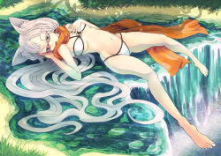 Rule 34 | 1girl, animal ear fluff, animal ears, bad id, bad pixiv id, barefoot, bikini, blue eyes, breasts, colored eyelashes, feet, full body, glasses, grass, highres, legs, long hair, lying, minusion, navel, o-ring, o-ring top, on back, original, outdoors, partially submerged, scarf, silver hair, skindentation, smile, solo, swimsuit, toes, underboob, very long hair, water, waterfall, white bikini