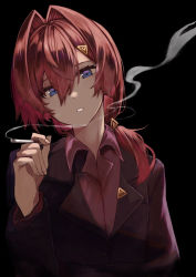 Rule 34 | 1girl, ange katrina, black background, black jacket, blue eyes, cigarette, collared shirt, commentary, hair between eyes, hair intakes, hair ornament, hairclip, head tilt, highres, holding, holding cigarette, jacket, long hair, long sleeves, looking at viewer, low ponytail, nijisanji, parted lips, purple shirt, shirt, simple background, smoke, solo, symbol-only commentary, takena-c, upper body, virtual youtuber