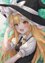 Rule 34 | 1girl, absurdres, black vest, blonde hair, blush, braid, buttons, dappled sunlight, hat, highres, kirisame marisa, long hair, looking at viewer, open mouth, puffy short sleeves, puffy sleeves, ramie (ramie541), shirt, short sleeves, single braid, smile, solo, sunlight, touhou, turtleneck, upper body, vest, white shirt, witch hat, yellow eyes