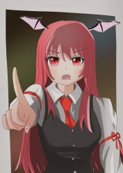 Rule 34 | 1girl, bat wings, blush, breasts, dress shirt, gradient background, head wings, highres, hisora hato, koakuma, long hair, long sleeves, looking at viewer, necktie, open mouth, red eyes, red hair, red neckwear, shirt, solo, touhou, upper body, vest, white shirt, wings