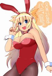 Rule 34 | 1girl, animal ears, blonde hair, blue eyes, bow, bowtie, breasts, cleavage, detached collar, fake animal ears, large breasts, long hair, momo (fruits box), original, pantyhose, playboy bunny, rabbit ears, solo, twintails, two side up, wrist cuffs