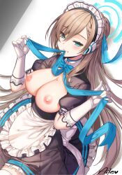Rule 34 | 1girl, aile (crossroads), apron, asuna (blue archive), black dress, blue archive, blue eyes, blue ribbon, blush, bow, bowtie, breasts, breasts out, choker, detached collar, dress, elbow gloves, gloves, grin, hair over one eye, hair ribbon, halo, headset, highres, large breasts, light brown hair, long hair, looking at viewer, maid headdress, mole, mole on breast, mouth hold, nipples, open clothes, pleated skirt, puffy short sleeves, puffy sleeves, ribbon, short dress, short sleeves, skirt, smile, solo, thighhighs, thighs, very long hair, waist apron, white apron, white gloves, white thighhighs