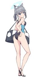 Rule 34 | 1girl, absurdres, adjusting clothes, adjusting swimsuit, animal ear fluff, animal ears, ass, bag, bare arms, bare legs, bare shoulders, black footwear, black one-piece swimsuit, blue archive, blue eyes, breasts, bright pupils, commentary, competition swimsuit, cross hair ornament, duffel bag, extra ears, from behind, grey hair, hair ornament, halo, highres, kuroisiro, looking at viewer, looking back, mismatched pupils, official alternate costume, one-piece swimsuit, parted lips, sandals, shiroko (blue archive), shiroko (swimsuit) (blue archive), short hair, short ponytail, sideboob, simple background, small breasts, solo, swimsuit, white background, wolf ears