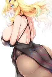 Rule 34 | 1girl, absurdres, ass, back, bare shoulders, black dress, blonde hair, blue eyes, breasts, brown pantyhose, dress, barghest (fate), fate/grand order, fate (series), highres, horns, large breasts, long hair, looking at viewer, looking back, pantyhose, pelvic curtain, sideboob, solo, thighs, tsukasawa takamatsu