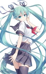 Rule 34 | 1girl, aqua eyes, aqua hair, black ribbon, black sailor collar, black skirt, black thighhighs, clothes lift, commentary, cowboy shot, from behind, hair between eyes, hair flowing over, hair ribbon, hand up, hatsune miku, highres, index finger raised, long hair, looking at viewer, looking back, matsuuni, midriff peek, neckerchief, pleated skirt, red neckerchief, ribbon, sailor collar, school uniform, shirt, short sleeves, simple background, skirt, skirt lift, smile, thighhighs, twintails, very long hair, vocaloid, white background, white shirt, wind, wind lift, zettai ryouiki