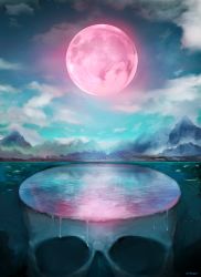 Rule 34 | animal, cloud, cloudy sky, dripping, fish, fog, highres, maddoze, moon, mountain, no humans, original, outdoors, pink moon, reflection, scenery, signature, skull, sky, surreal, tree, water