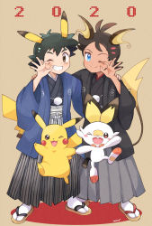 Rule 34 | 2020, 2boys, ;d, arm around shoulder, ash ketchum, bad id, bad pixiv id, black hair, chinese zodiac, commentary request, cosplay, creature, creatures (company), dark-skinned male, dark skin, full body, game freak, gen 1 pokemon, gen 2 pokemon, gen 8 pokemon, goh (pokemon), grin, hakama, hakama skirt, highres, japanese clothes, jumping, kimono, looking at viewer, male focus, mei (maysroom), multiple boys, new year, nintendo, ok sign, one eye closed, open mouth, pichu, pichu (cosplay), pichu ears, pikachu, pikachu (cosplay), pikachu ears, pikachu tail, poke ball print, pokemon, pokemon (anime), pokemon ears, pokemon journeys, pokemon tail, raichu, raichu (cosplay), sandals, scorbunny, signature, skirt, smile, socks, standing, tail, white legwear, year of the rat