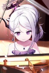 Rule 34 | 1girl, black horns, blue archive, blush, chosunbe, closed mouth, demon horns, dress, earrings, grand piano, grey hair, halo, highres, hina (blue archive), hina (dress) (blue archive), horns, instrument, jewelry, long hair, multiple horns, music, necklace, official alternate costume, piano, playing instrument, playing piano, purple dress, purple eyes, smile, solo, strapless, strapless dress