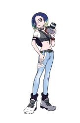 Rule 34 | 1girl, absurdres, armband, artist request, bag, belt, black shirt, blue hair, blue pants, bracelet, breasts, brown eyes, camera, choker, clothing cutout, creatures (company), crop top, denim, eyeliner, female focus, forehead, full body, game freak, green hair, hair over one eye, hand up, highres, holding, holding camera, jeans, jewelry, looking at viewer, makeup, midriff, multicolored hair, nail polish, navel, nintendo, off-shoulder shirt, off shoulder, official art, one eye covered, open mouth, outline, pants, perrin (pokemon), pink eyeliner, pocket, poke ball symbol, pokemon, pokemon sv, purple choker, purple socks, second-party source, shirt, shoes, short hair, simple background, sleeveless, sleeveless shirt, small breasts, socks, solo, standing, stomach, teeth, transparent background, undershirt, white footwear, white nails, white outline, wristband