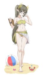 1girl arknights ball bare_arms bare_legs bare_shoulders barefoot beachball bikini blunt_bangs breasts clipboard closed_mouth collarbone commentary_request crab frilled_bikini frills full_body green_bikini green_nails hair_ornament highres holding holding_clipboard index_finger_raised infection_monitor_(arknights) light_brown_hair long_hair looking_at_viewer medium_breasts mole mole_under_eye muelsyse_(arknights) navel pointy_ears qwq22565156 sand seashell shell simple_background smile solo standing starfish stomach sunglasses swimsuit very_long_hair white_background yellow_eyes