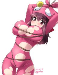 Rule 34 | 1girl, :o, anglerfish costume, arms up, bdsm, blush, bodysuit, bound, breasts, brown eyes, brown hair, commentary, dated, dutch angle, embarrassed, fish hat, girls und panzer, groin, highres, impossible bodysuit, impossible clothes, kondou taeko, kuzuryuu kennosuke, large breasts, looking at viewer, medium hair, navel, open mouth, pink bodysuit, pink headwear, skindentation, solo, standing, thigh gap, tied up, torn bodysuit, torn clothes, twitter username, white background
