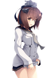 Rule 34 | 1girl, anchor symbol, blue sailor collar, blush, breasts, brown eyes, brown hair, clothes lift, dress, dress lift, flower, grey neckerchief, hair flower, hair ornament, highres, kantai collection, lifting own clothes, long sleeves, mofu namako, neckerchief, open mouth, panties, sailor collar, sailor dress, simple background, small breasts, solo, underwear, white background, white panties, yukikaze (kancolle), yukikaze kai ni (kancolle)