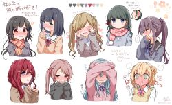 Rule 34 | !?, ..., 6+girls, ?, @ @, ^ ^, anzu ame, arms up, black hair, black sailor collar, black shirt, black sweater, blonde hair, blue eyes, blue neckwear, blush, bow, brown cardigan, brown eyes, brown hair, brown scarf, brown sweater, cardigan, closed eyes, closed mouth, collared shirt, commentary request, cropped torso, crossed arms, double bun, dress shirt, ear blush, embarrassed, flying sweatdrops, fringe trim, full-face blush, green eyes, grey sweater, hair bow, hair bun, hair ornament, hair scrunchie, hairclip, hands on own face, hands up, heart, long sleeves, multiple girls, neck ribbon, nose blush, open mouth, original, parted lips, pink cardigan, pink scrunchie, ponytail, red bow, red eyes, red hair, red ribbon, ribbon, sailor collar, scarf, scrunchie, shirt, silver hair, simple background, sleeves past wrists, spoken interrobang, spoken question mark, sweater, sweater vest, swept bangs, translation request, trembling, twintails, upper body, wavy mouth, white background, white sailor collar, white shirt