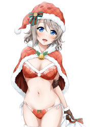Rule 34 | 1girl, :d, bad id, bad pixiv id, bell, bikini, blue eyes, blush, breasts, brown gloves, capelet, christmas, cleavage, fur-trimmed capelet, fur-trimmed legwear, fur trim, gloves, grey hair, hat, large breasts, looking at viewer, love live!, love live! sunshine!!, navel, open mouth, red hat, sack, santa hat, short hair, side-tie bikini bottom, simple background, smile, solo, stomach, suzume miku, swimsuit, thighhighs, watanabe you, white background