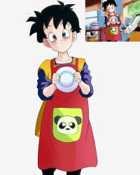 Rule 34 | 1girl, apron, black hair, blue eyes, blush, collarbone, dragon ball, dragonball z, highres, holding, holding plate, housewife, looking at viewer, plate, pvponlink art, redrawn, self-upload, short hair, simple background, smile, videl, white background