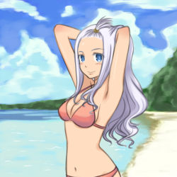 Rule 34 | 1girl, armpits, arms behind head, arms up, beach, bikini, blue eyes, breasts, cleavage, cloud, day, fairy tail, front ponytail, hands in hair, long hair, medium breasts, mirajane strauss, mizunashi sora, navel, outdoors, silver hair, smile, solo, swimsuit
