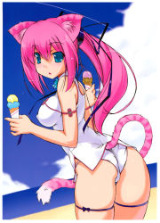Rule 34 | 1girl, absurdres, animal ears, armlet, ass, beach, blue eyes, blue sky, breasts, china dress, chinese clothes, covered erect nipples, day, dress, food, hair ribbon, highres, ice cream, ice cream cone, inu777, leg ribbon, long hair, looking back, medium breasts, original, outdoors, panties, parted lips, pink hair, ponytail, ribbon, short dress, skindentation, sky, solo, tail, thigh ribbon, tiger ears, tiger tail, trefoil, underwear, white panties