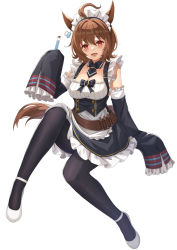 Rule 34 | 1girl, :d, agnes tachyon (umamusume), ahoge, alternate costume, animal ears, apron, bad id, bad twitter id, black pantyhose, breasts, brown eyes, brown hair, cleavage, detached collar, detached sleeves, enmaided, frilled sleeves, frills, full body, hair between eyes, highres, horse ears, horse girl, horse tail, looking at viewer, maid, medium breasts, necktie, open mouth, pantyhose, short hair, short necktie, simple background, sleeves past fingers, sleeves past wrists, smile, solo, tail, test tube, umamusume, vococo, waist apron, white background, white footwear