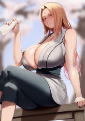 Rule 34 | 1girl, absurdres, bare shoulders, blonde hair, blush, breasts, cleavage, collarbone, crossed legs, facial mark, forehead, forehead mark, green kimono, grey kimono, highres, japanese clothes, kimono, large breasts, long hair, looking at viewer, low twintails, lun7732, naruto, naruto (series), parted bangs, sash, sittsitt, sleeveless, solo, tsunade (naruto), twintails, yellow eyes