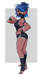 Rule 34 | 1girl, amazu (kurozu), aoi (amazu), black leotard, black shorts, black socks, blue hair, breasts, dark-skinned female, dark skin, earrings, from side, full body, grey background, hand up, highres, jewelry, leotard, looking at viewer, looking to the side, mask, mouth mask, multicolored hair, no shoes, original, ponytail, red eyes, short eyebrows, short shorts, shorts, small breasts, socks, solo, standing, stirrup legwear, streaked hair, thick eyebrows, toeless legwear, two-tone background, white background