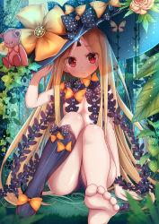Rule 34 | 1girl, abigail williams (fate), abigail williams (second ascension) (fate), arm up, barefoot, black panties, black socks, blonde hair, bow, convenient censoring, fate/grand order, fate (series), feet, flat chest, forehead, hand on headwear, hat, highres, keyhole, kneehighs, leaf, lokyin house, long hair, mary janes, nature, no pants, outdoors, panties, red eyes, shoes, single kneehigh, single shoe, single sock, sitting, socks, solo, stuffed animal, stuffed toy, teddy bear, toes, topless, underwear, very long hair