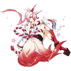 Rule 34 | 1girl, animal ears, blue eyes, closed mouth, detached sleeves, fire, fox ears, fox tail, from behind, full body, hair between eyes, hair ornament, hand fan, higokumaru, honkai (series), honkai impact 3rd, japanese clothes, looking at viewer, multicolored hair, multiple tails, official art, pink hair, platform clogs, red hair, red socks, sandals, smile, socks, solo, streaked hair, tail, tassel, tassel hair ornament, third-party source, transparent background
