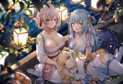 Rule 34 | 3girls, :&lt;, azur lane, black hairband, blonde hair, blue eyes, blue hair, blush, breasts, cleavage, closed mouth, collarbone, douya (233), from above, hair between eyes, hair ornament, hairband, large breasts, long hair, looking at viewer, multiple girls, neptune (azur lane), open mouth, pantyhose, queen elizabeth (azur lane), red eyes, short hair, sirius (azur lane), smile, two side up, very long hair, white hair, white legwear, yellow eyes