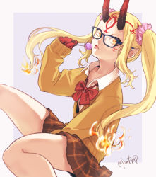 Rule 34 | 1girl, alternate costume, alternate hairstyle, black-framed eyewear, blonde hair, bow, bowtie, brown skirt, commentary request, contemporary, facial mark, fate/grand order, fate (series), food, glasses, ibaraki douji (fate), long hair, looking at viewer, plaid, plaid skirt, popsicle, red bow, red bowtie, school uniform, skirt, solo, tongue, tongue out, twintails, twitter username, yellow eyes, yomichi (yomi888)