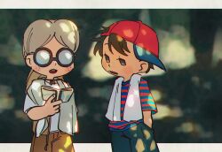 Rule 34 | 2boys, blurry, blurry background, brown hair, brown pants, coke-bottle glasses, cowboy shot, freckles, glasses, grey hair, grey pants, hands in pockets, hat, hat on back, lloyd (mother), male focus, mother (game), mother 1, multiple boys, ninten, nintendo, open mouth, pants, red hat, round eyewear, shirt, short hair, sideways hat, striped clothes, striped shirt, t-shirt, towel, towel around neck, ukata